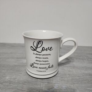 NWOT Home Essentials Mug Cup Scripture Love Never Fails 1 Corinthians 13:7-8